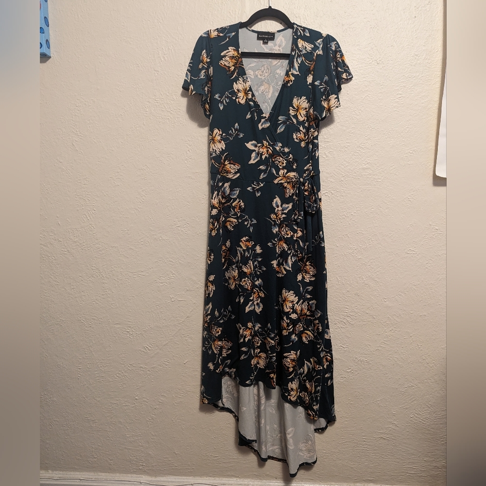 High-low faux wrap green floral dress